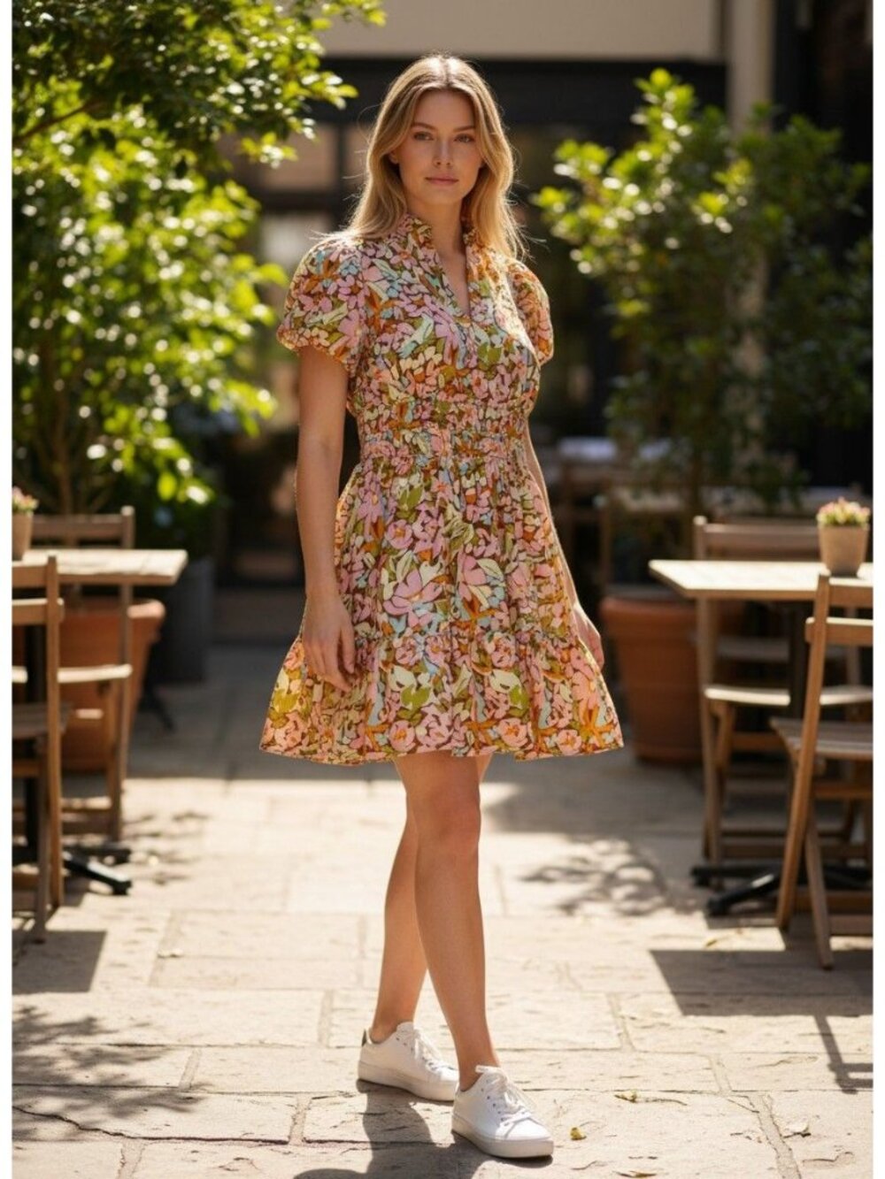 Entro Anthropologie Floral Puff Sleeve Mini Dress Smocked Waist Ruffle L Cotton